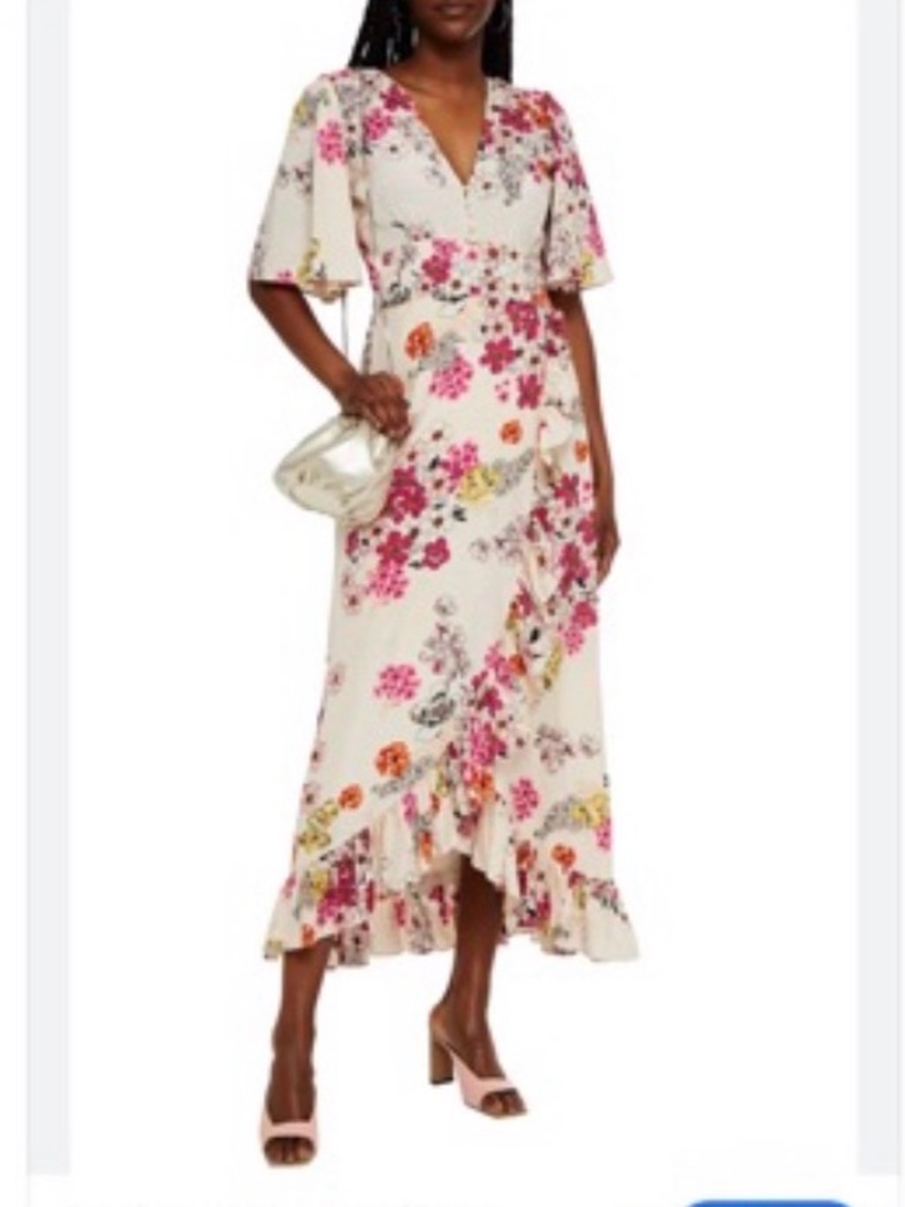 ByTimo white and pink floral-print jacquard ruffle wrap midi dress sz S